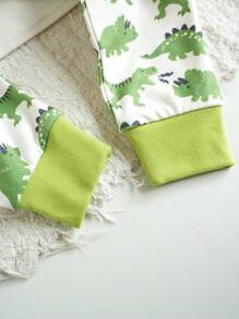 Cozy Pixies Bộ đồ ngủ vừa vặn 2 món cho bé trai, áo thun dài tay cổ tròn in họa tiết khủng long hoạt hình màu tương phản và quần dài bo gấu - màu xanh lá - Xem 3