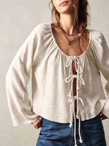 Bohemela Casual Solid Color Woven Flare Sleeve Round Neck Loose Blouse For Women