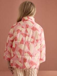 SHEIN Young Girl Pink Geometric Print Long Sleeve Stand Collar Single Breasted Padded Coat, Autumn/Winter