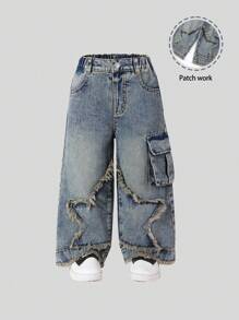 SHEIN Explorewe Quần jeans ống rộng cạp cao giặt sạch phong cách đường phố hiphop Mỹ cổ điển không đối xứng ngôi sao rách rưới cho bé gái - Đồng - Xem 1