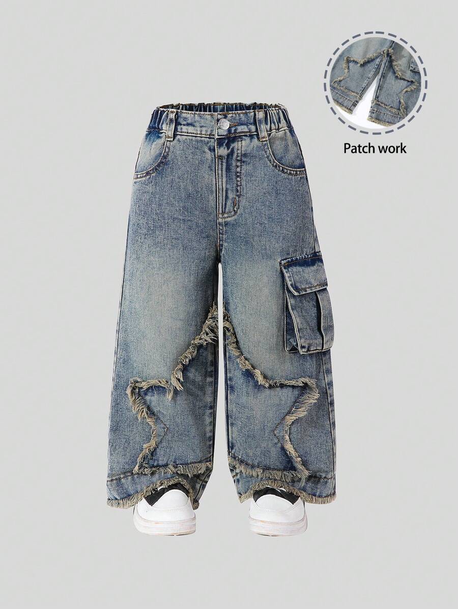 SHEIN Explorewe Quần jeans ống rộng cạp cao giặt sạch phong cách đường phố hiphop Mỹ cổ điển không đối xứng ngôi sao rách rưới cho bé gái - Đồng - Xem 1