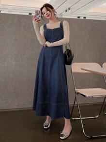 DAZY Einfaches quadratisches Ausschnitt-ärmelloses Denim Kleid für Frauen, Herbstkleidung, Schulkleidung