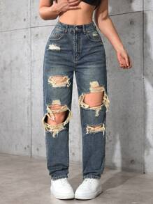 SHEIN EZwear Women Pocket Distressed Straight Leg Loose Casual Versatile Denim Jeans
