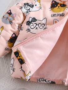 SHEIN 3pcs Baby Girl Cute Pink Cat Pattern Warm Fleece Hooded Jacket & Pants Set, Autumn/Winter