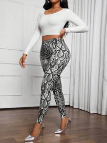 SHEIN Lady 四季打底裤 蛇纹女式打底裤 优雅修身长款女士打底裤 - 黑色 - 查看 6