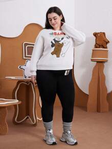 We Bare Bears X SHEIN 大码 2 件套休闲可爱熊猫、白熊、棕熊印花圆领长袖宽松运动衫和紧身裤，秋冬 - 黑與白 - 查看 6