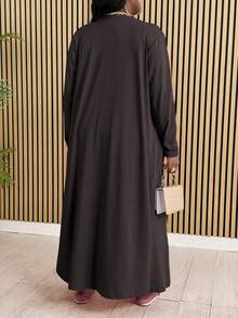 Slaydiva 女士大码优雅休闲日常纯橙色宽松长款开衫，带口袋，春/秋 - 棕色 - 查看 2