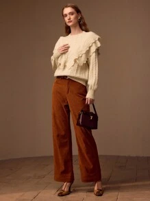 MOTF PREMIUM SOLID LAYERED RUFFLE TRIM CABLE KNIT SWEATER - Apricot - View 2