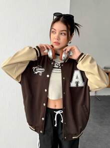 SHEIN Teen Girl Letter & Patchwork Print Casual Long Sleeve Jacket - Brown - View 4