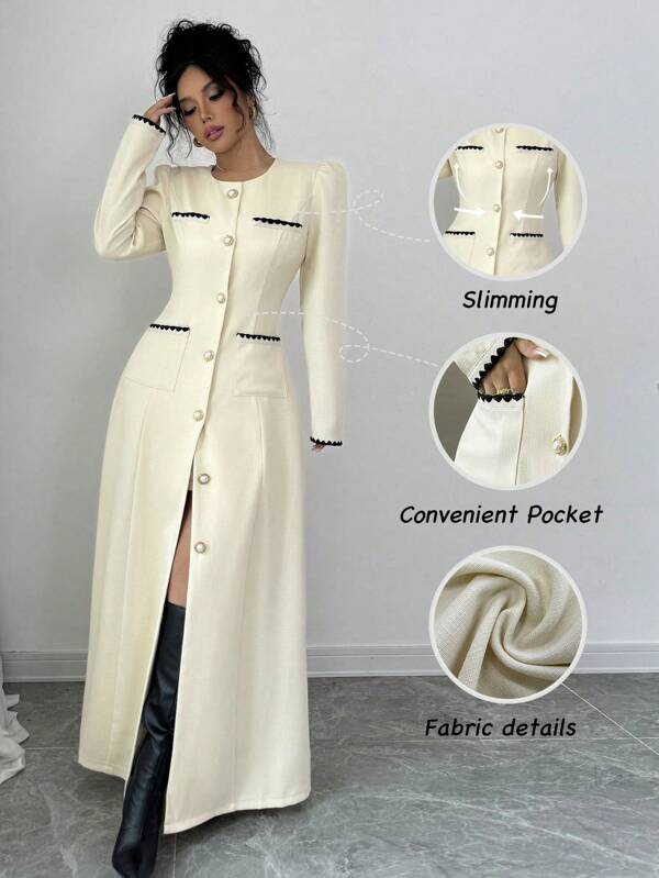 Elenzga Pearl Button Accent Color Block Waisted Long Sleeve Jacket, Commuter Style