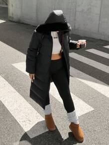 SHEIN EZwear 大码女式冬季纯色长袖拉链连帽休闲棉服外套 - 黑色 - 查看 3