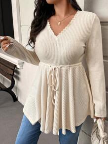 SHEIN Frenchy Áo thun cổ chữ V thanh lịch tay dài họa tiết giản dị cỡ lớn cho nữ, màu kaki, dài có dây thắt eo - Màu Khaki - Xem 6