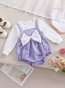 SHEIN 女婴优雅提花蝴蝶结连体衣，非常适合生日派对、秋冬季 - 紫色 - 查看 1