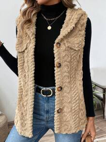 EMERY ROSE 1pc Women Apricot Textured Fringed Fuzzy Sleeveless Hooded Vest Jacket - Mocha Brown - View 4