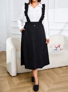 SHEIN LUNE 2pcs/Set Women Plus Size Solid Color Long Sleeve Single-Breasted Blouse And Ruffled Strap Pinafore Dress Elegant Set, Autumn - Black - View 5
