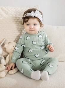 SHEIN 女婴心形印花长袖上衣和裤子两件套服装，秋季 - 彩色 - 查看 3