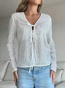 SHEIN Essnce Women's Sequin Bowknot Long Sleeve Blouse, Long Sleeve Shirt, Thanksgiving,Christmas, White,Silver-White Color, Christmas Party Top - Silver - View 6