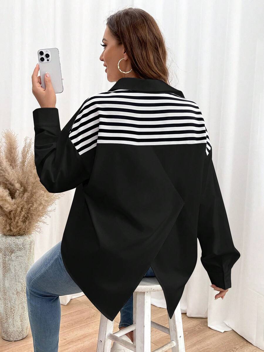 SHEIN Essnce Camisa blanca de mujer talla grande, camisa de manga larga, camisa informal y holgada con parches de rayas, ropa de maestra para otoño, ropa de vuelta al colegio para otoño, blusas de mujer para otoño, camisas escolares de manga larga blancas - Negro - Ver 1