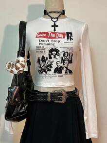 Muchica 复古肖像黑白图案街头时尚圆领短款紧身 T 恤女款，春秋季 - 白色 - 查看 5