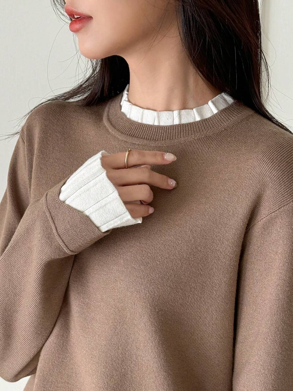 Women Two-Tone Frill Mock Neck Casual Loose Sweater,Long Sleeve Tops Fall
