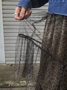 FRIFUL 女士豹纹网纱撞色休闲荷叶边A字裙 - 棕色 - 查看 5