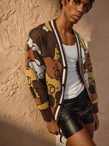 Forever 21 Áo len cardigan dệt kim dài tay in hình gấu bông giản dị cho nam mùa thu/đông - màu nâu - Xem 6