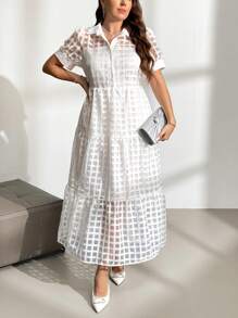 SHEIN Privé 大尺碼白色優雅洋裝，帶衬衫領和蛋糕裙A字設計，修身版型，女士夏季短袖約會連衣裙 - 白色 - 查看 6