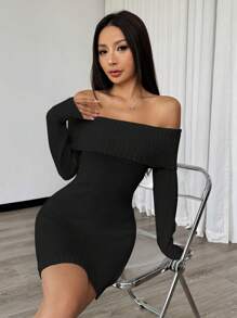 Vestido mini ajustado con escote descubierto de color liso, estilo casual para otoño/invierno - Negro - Ver 6