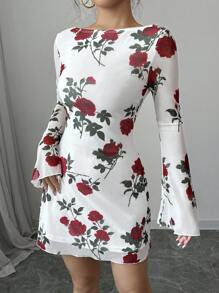 Women Floral Backless Bell Sleeve Mesh Mini Bodycon Slip Dress - Multicolor - View 6