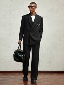 AKNOTIC Formal Men Loose Fit Metal Chain Decor Casual Lapel Open Front Blazer, For Fall Winter