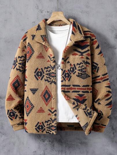 SHEIN Teenage Boy Plaid Pattern Fleece Fabric Button Up Casual Jacket