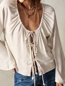 Bohemela Casual Solid Color Woven Flare Sleeve Round Neck Loose Blouse For Women