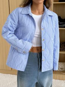 SHEIN EZwear 女士条纹长袖单排扣休闲宽松夹克，冬季 - 藍色 - 查看 4