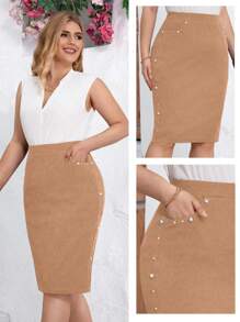SHEIN Clasi Váy chữ A thường ngày trang trí ngọc trai giả màu trơn cỡ lớn - Màu Khaki - Xem 7