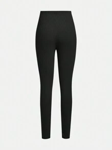 SHEIN 2pcs Teen Girl Solid Color Ribbed Knit Leggings - Brown - View 6