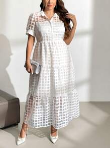 SHEIN Privé 大尺碼白色優雅洋裝，帶衬衫領和蛋糕裙A字設計，修身版型，女士夏季短袖約會連衣裙 - 白色 - 查看 1