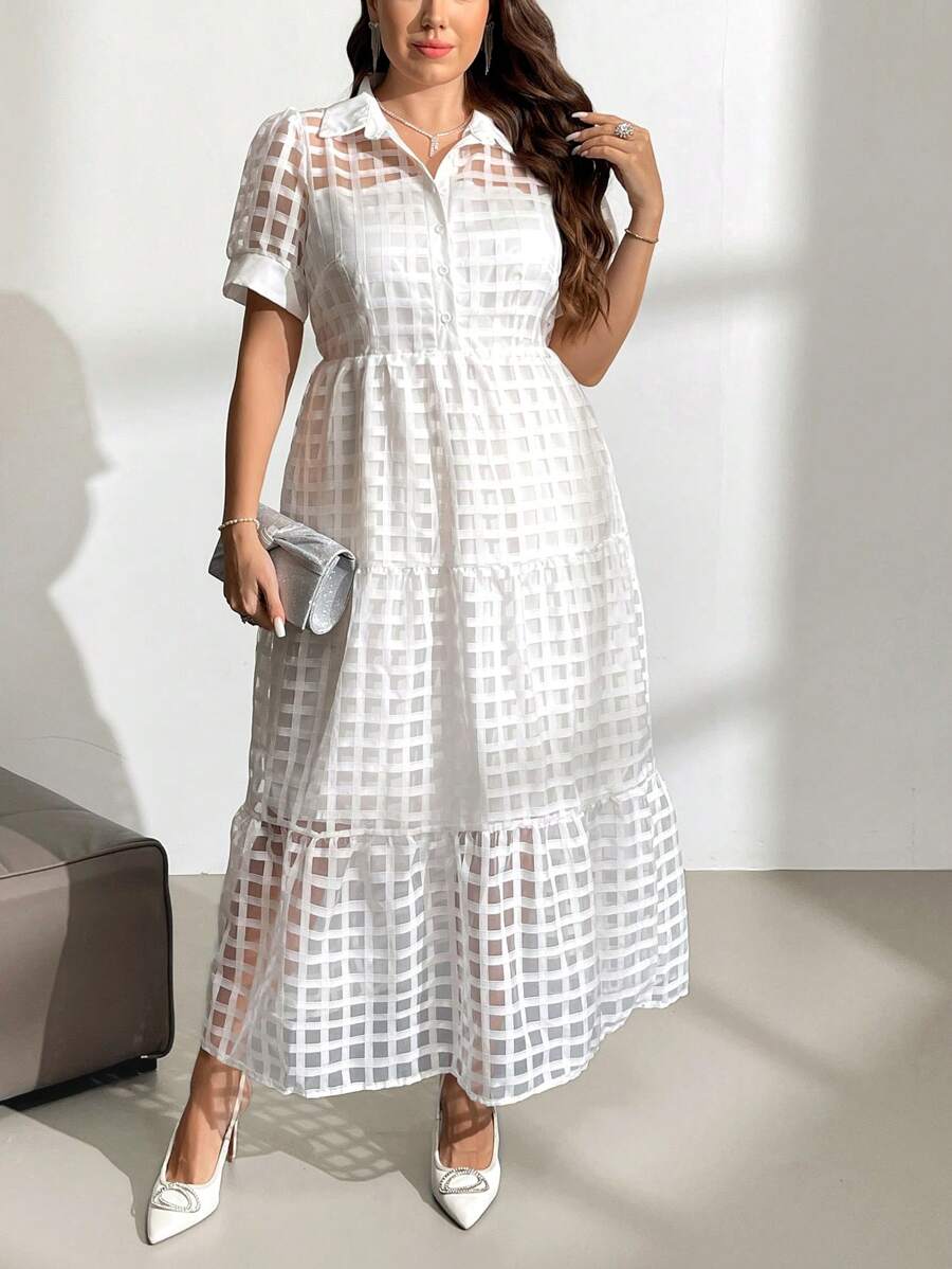 SHEIN Privé 大尺碼白色優雅洋裝，帶衬衫領和蛋糕裙A字設計，修身版型，女士夏季短袖約會連衣裙 - 白色 - 查看 1