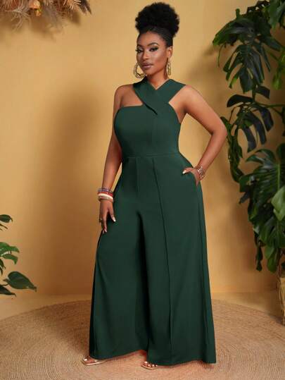 Slaydiva Plus Size Women Solid Color Pockets Wide Leg Loose Sleeveless Elegant Jumpsuit