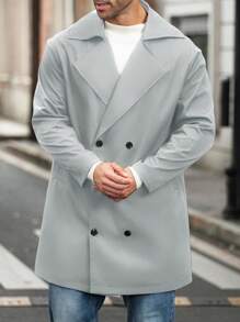 Manfinity Homme 大码男士休闲纯色双排扣风衣，秋季 - 淺灰色 - 查看 5