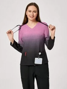 TaskEZ V-Neck Long Sleeve Ombre Minimalist Top And Pants Scrub Uniform Set - Multicolor - View 6