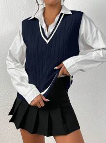 Chiquease Chaleco de punto holgado con borde contrastante y tirantes anchos, para mujer, para el otoño - azul real - Ver 4