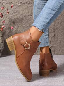 1 Pair Elegant & Fashionable Chunky Heel Boots, Suitable For Teens/Adolescent Girls - Brown - View 3