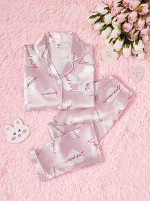 SHEIN 2 件套女童可爱时尚粉色字母心形图案斜纹面料翻领开衫和裤子舒适休闲家居服套装 - 粉色 - 查看 1