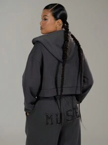 MUSERA MUSE Letter Patch Zip Up Hooded Sweatshirt Back To School Winter Cosy Cute Casual Everyday Capsule Wardrobe Y2K Streetwear Lounge - Grey - View 3