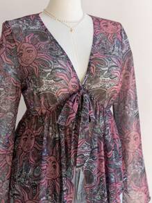 Soleia 大码女式 WYWH 度假复古太阳印花针织网眼开衫，系带腰部和喇叭袖 - 彩色 - 查看 3