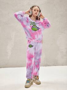 TEENAGE MUTANT NINJA TURTLES | SHEIN Tween Girl Cartoon Turtle Graphic Tie-Dye Oversized Teddy Sweatshirt & Pants Set