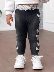 Baby Girl Knitted Denim Effect Butterfly Pattern Leggings, Suitable For Outings, Gatherings And Parties - Black - View 6