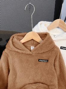 SHEIN Leap Crew 最便宜买 1 送 1 2 件/套全套年轻女孩全套纯色字母贴花毛绒泰迪连帽纯色（热粉色、米色）针织和羊毛保暖宽松休闲运动衫，秋季、冬季、学院风、返校 - 棕色 - 查看 2