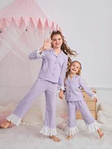 SHEIN 青少年女孩甜美简约领长袖衬衫和撞色荷叶边舒适休闲睡衣套装，2 件（单独出售） - 紫色 - 查看 1