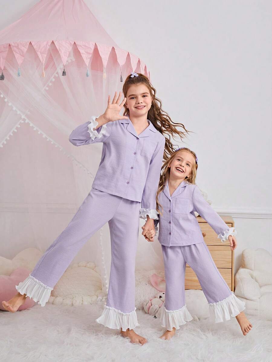 SHEIN 青少年女孩甜美简约领长袖衬衫和撞色荷叶边舒适休闲睡衣套装，2 件（单独出售） - 紫色 - 查看 1